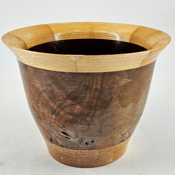 Handmade Boho 2 tone turned Burl Wood cache pot planter trinket dish - Picture 1 of 5